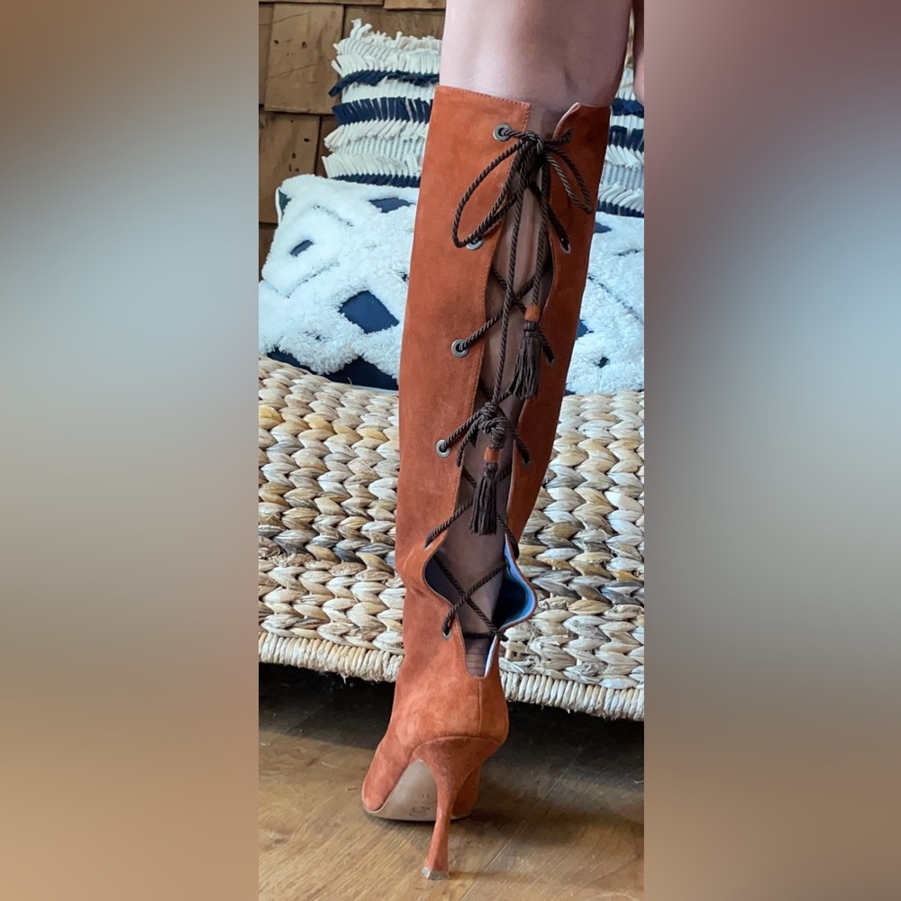 Ashley Dearborn, Elegant Brown/Orange Suede Knee-High Boots, Lace Up, Size 9.5 - Picture 7 of 16